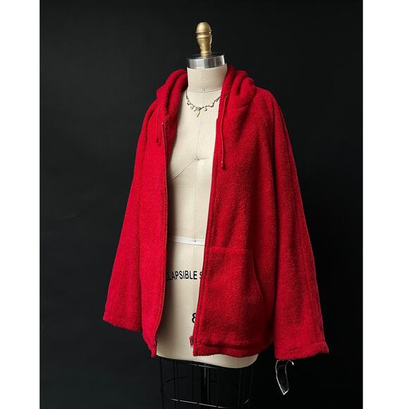 NEW Deadstock Vintage 90s Sandro Fuzzy Red Hooded Coat large - Picture 1 of 7
